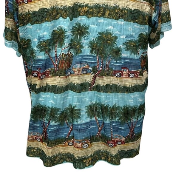 Vintage Ocean Current Hawaiian Shirt Mens XL Old Cars Palm Trees Beach Scene - Picture 7 of 8